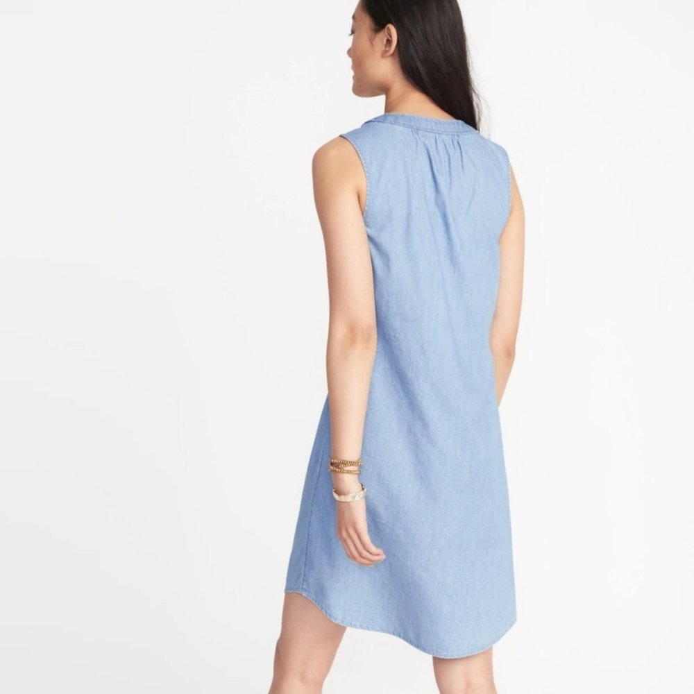 OLD NAVY Chambray Sleeveless Tie Collar Shift Tunic Tank Shirt Dress S - Picture 2 of 6